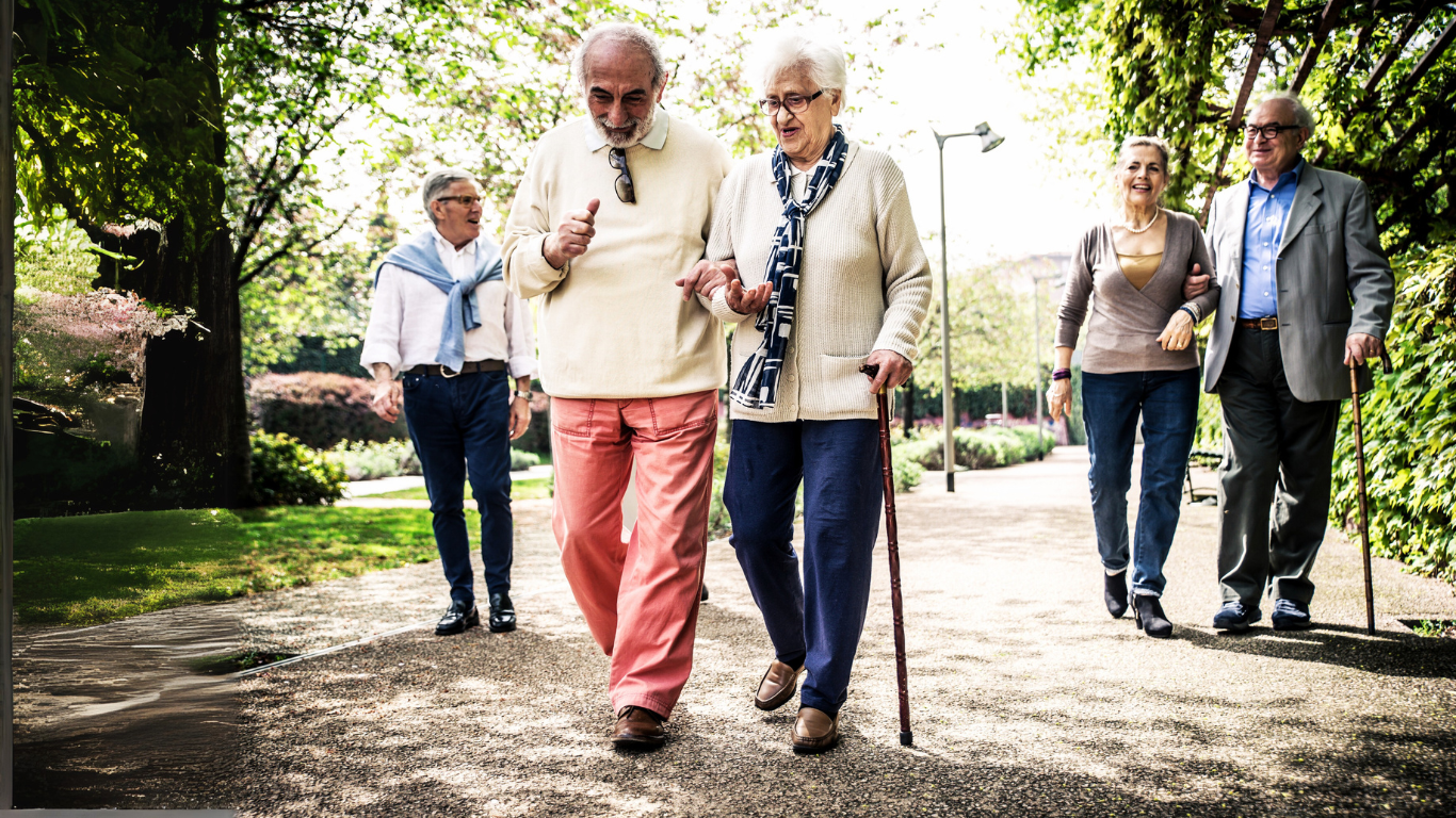 Five seniors on a walk outdoors