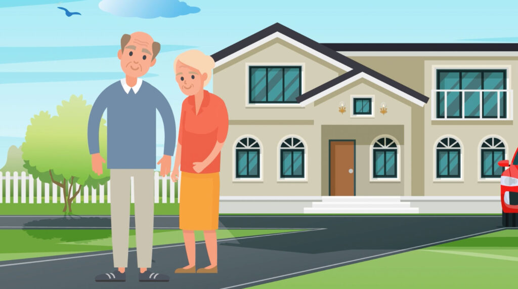 A still from an animated video discussing health care services where a man and a woman stand in front of their house