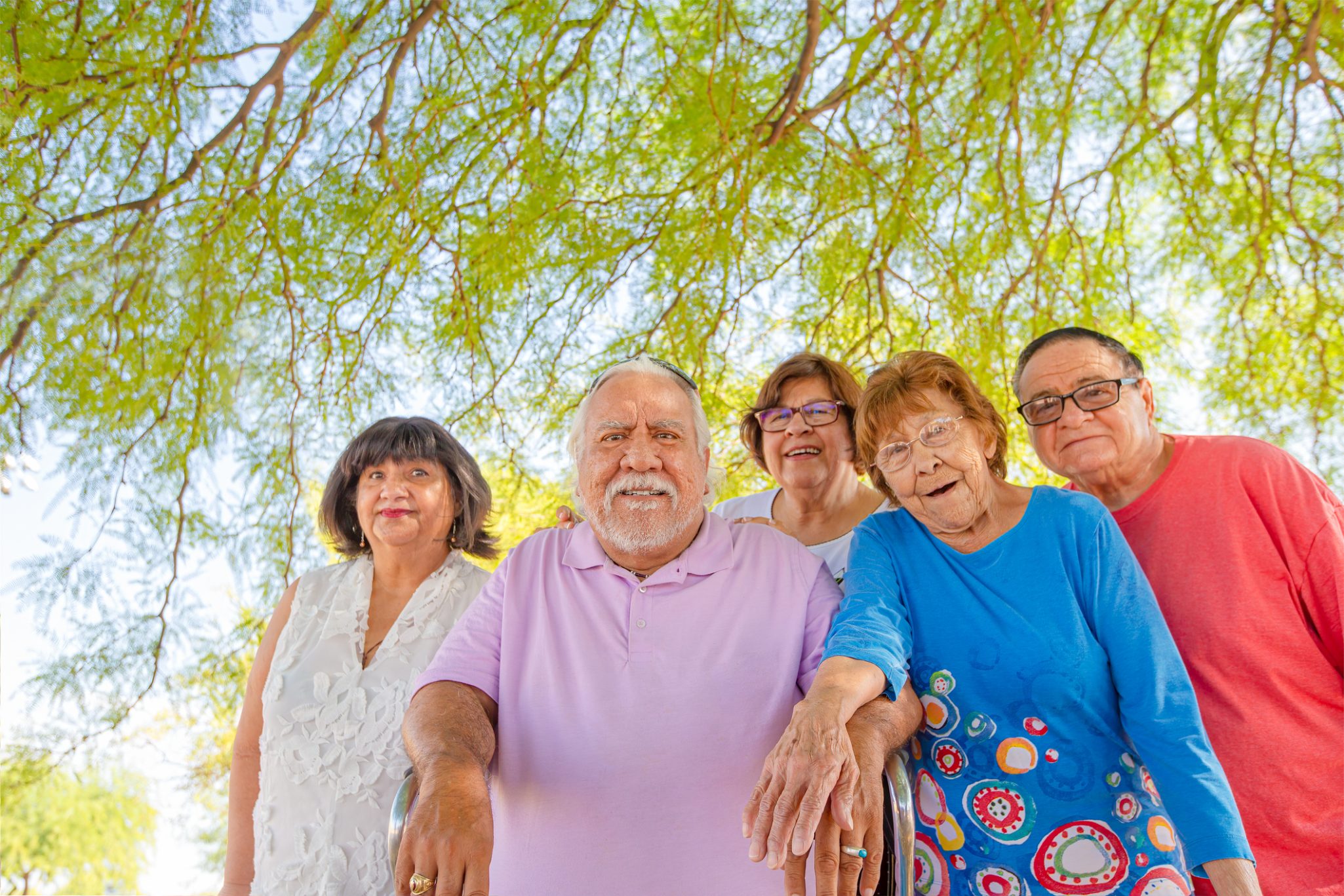 Five seniors outdoors under a tree